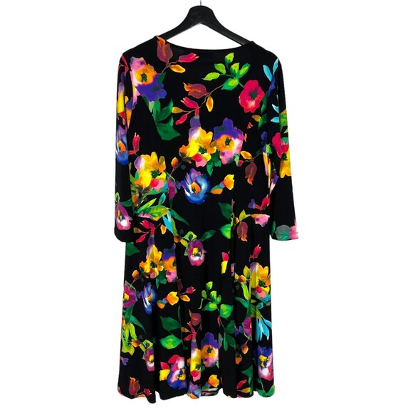 Susan Graver Black Multicolor Floral Long Sleeve A Line Midi Dress Medium - Picture 4 of 11